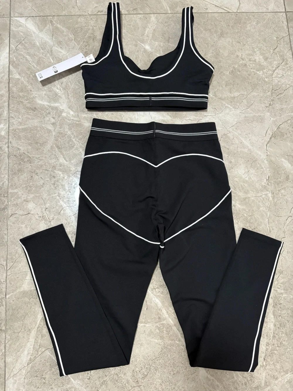 ALO Yoga Black Leggings and Sports Bra Set with White Piping